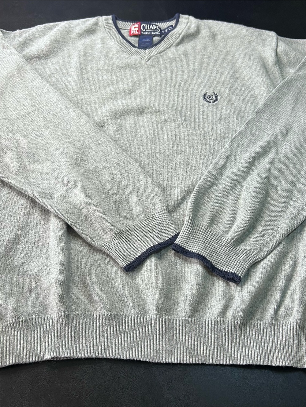 Chaps Light Gray V-Neck Sweater with Navy Trim